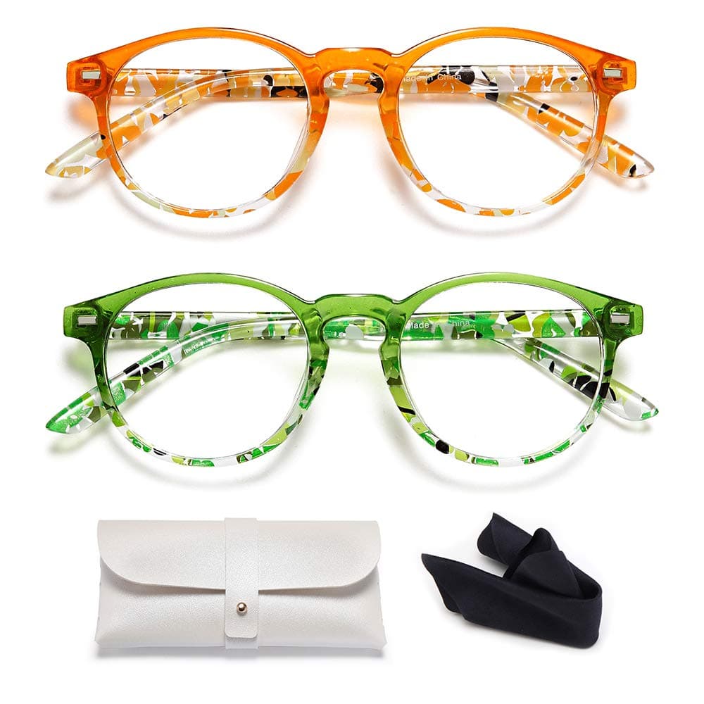 EYEURL Round Reading Glasses - 2 Pack Blue Light Blocking for Women Readers 1.25 Computer Clear Lens Anti UV Ray Fashion Pattern Print