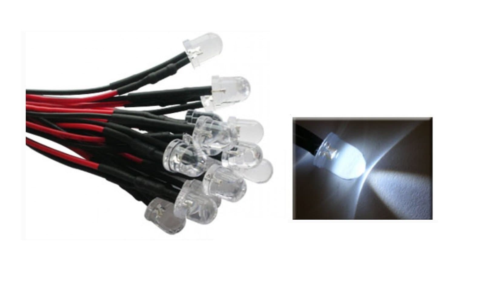 2 wired LEDs 10 mm white light ultra-bright 20000 MCD 12V cable ready pre wired diodes