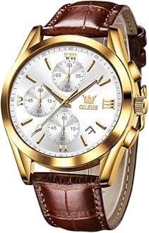 OLEVSWatches for Men Brown Leather Gold Case Analog Quartz Fashion Business Dress Watch Day Date Luminous Waterproof Casual Male Wrist Watches