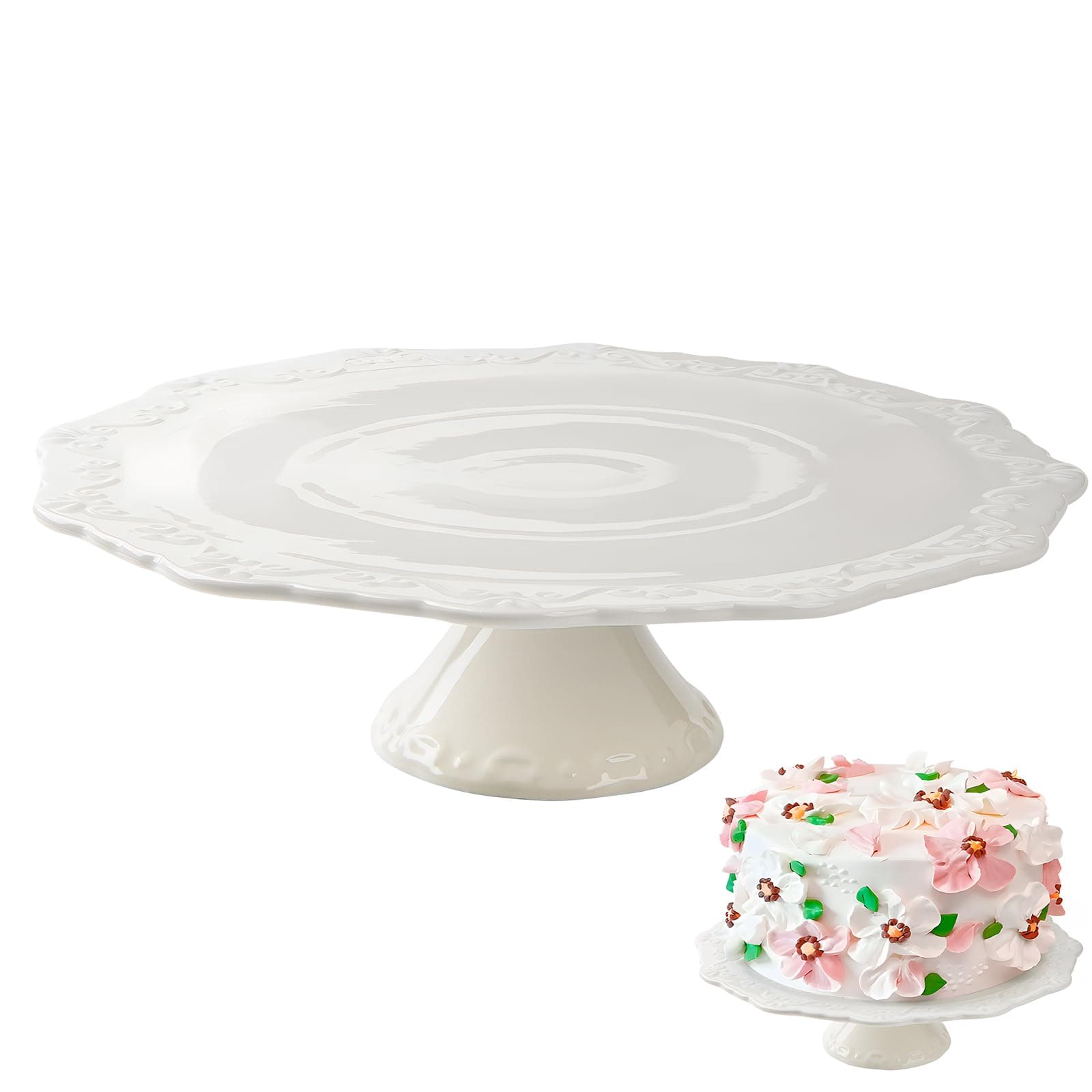 10 Inch White Ceramic Cake Stand (Holds 10 Inch Cake), Decorative Cupcake Stand, Dessert Display Plates for Snacks and Cookies, Baby Shower, Birthday, Wedding Party Decor