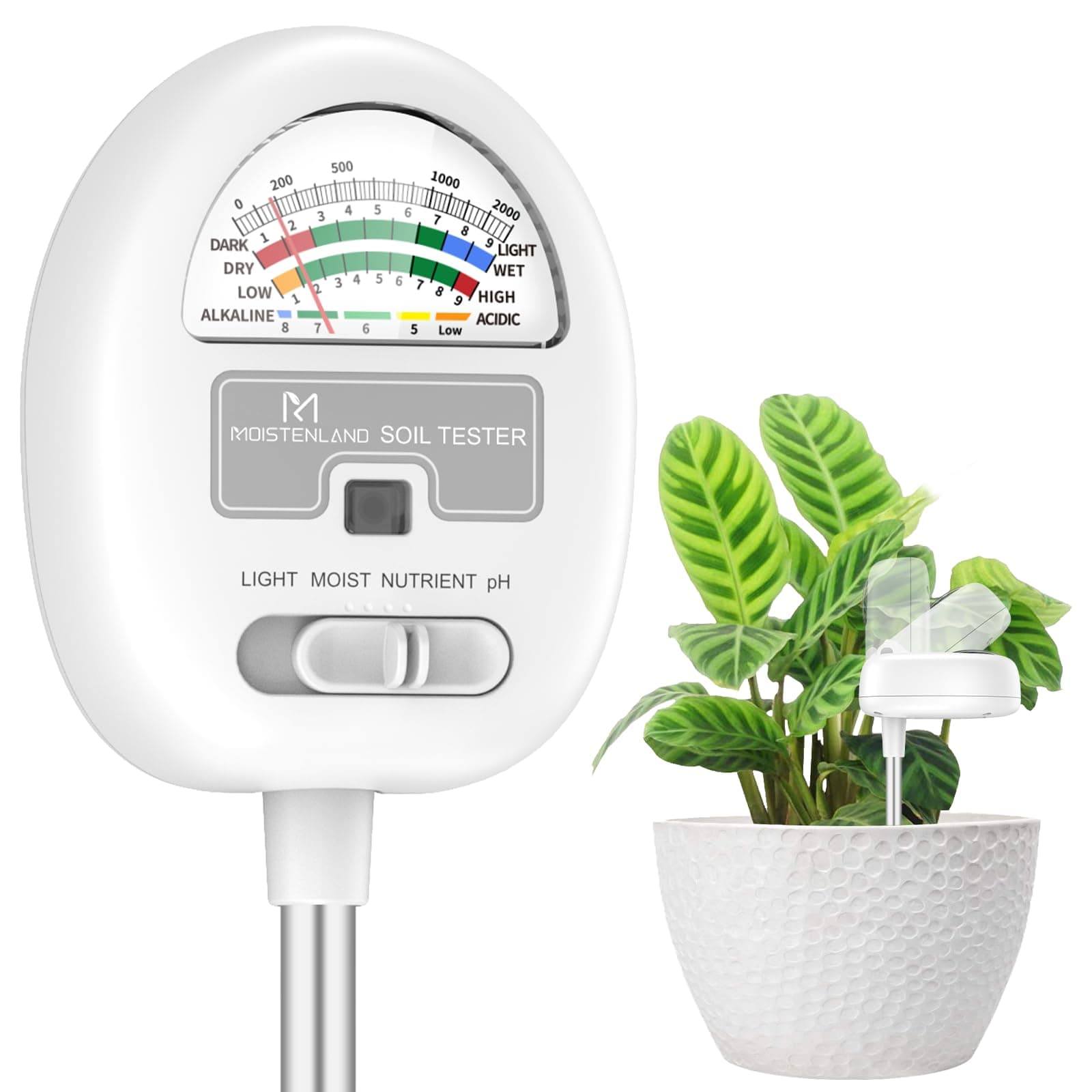 Moistenland [Upgraded] Soil Moisture Meter, 4-in-1 Soil pH Tester, Soil Moisture/Light/Nutrients/pH Meter for Gardening, Lawn, Farming, Indoor & Outdoor Plants Use, No Batteries Required
