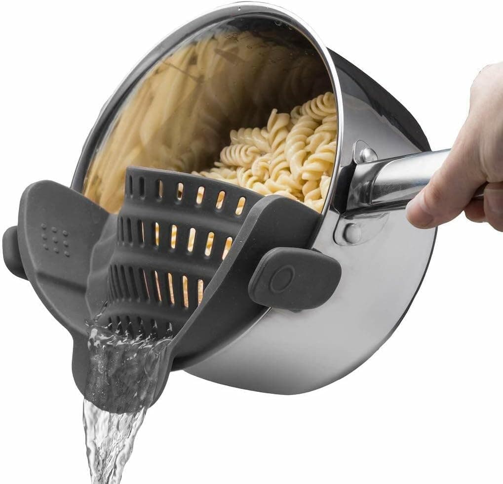 LIMOS Snap N Strain Pot Strainer - Clip On Silicone Colander for Pots Pans and Bowls - Universal Fit Pasta Strainer Kitchen Gadget - Heat Resistant Hands Free Food Strainer - Grey