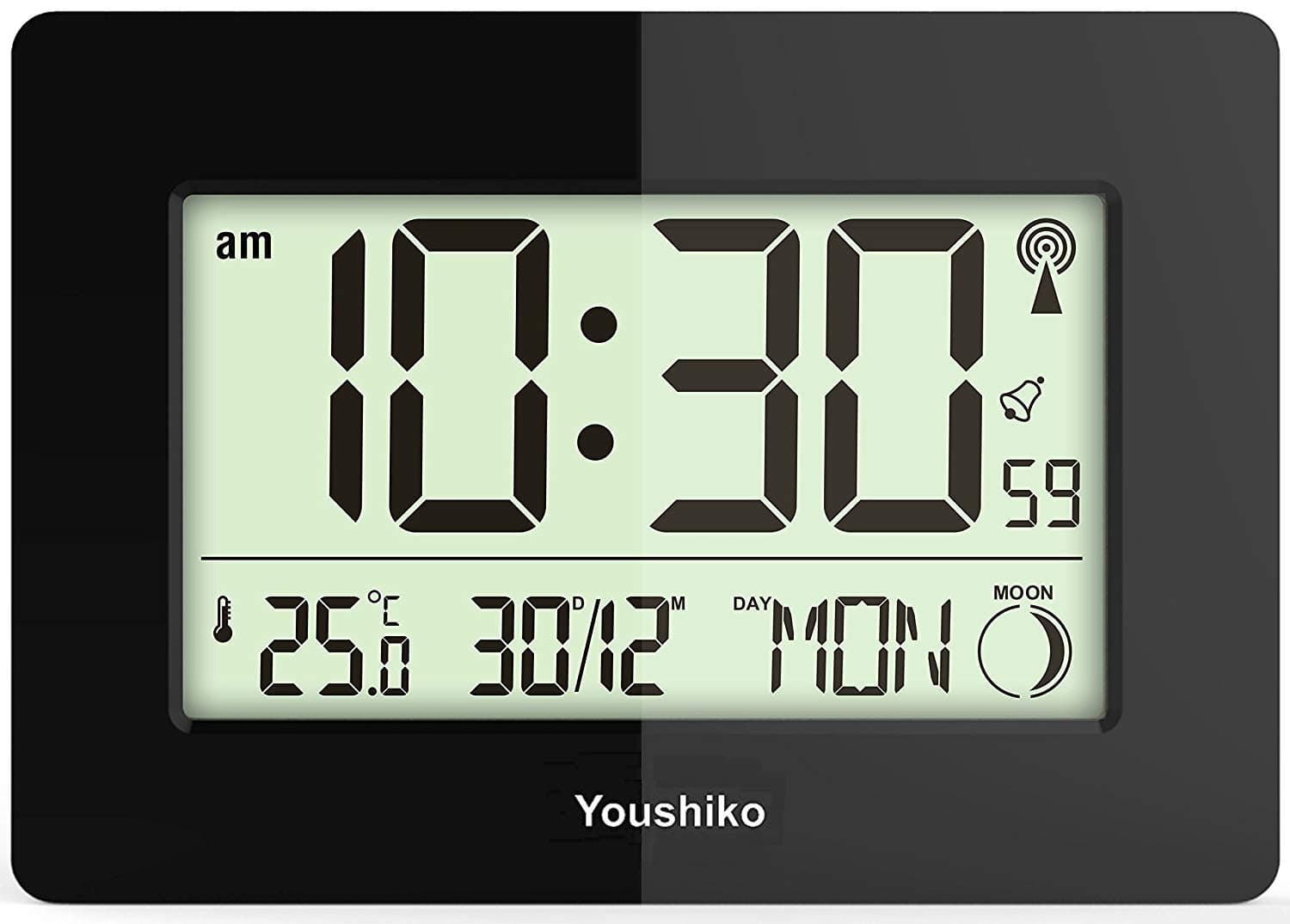Radio Controlled Large Screen LCD Silent Wall or Desk Clock (Official UK Version) Auto Set Up with Day Date Month (Black)