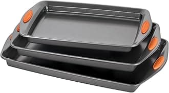 Rachael Ray Nonstick Bakeware Set with Grips, Nonstick Cookie Sheets/Baking Sheets - 3 Piece, Gray with Orange Grips