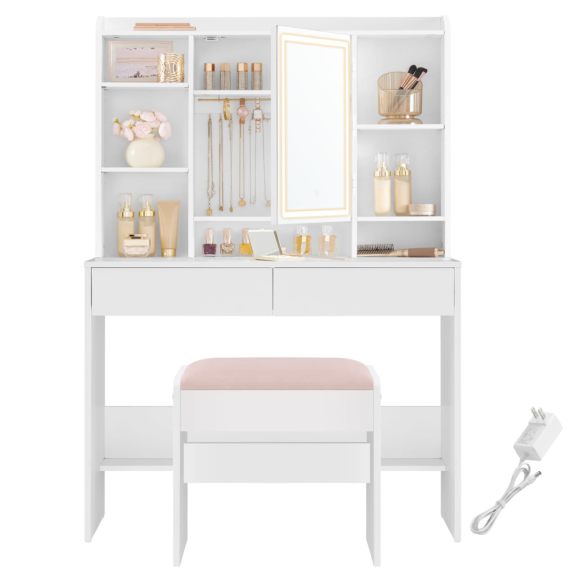 VASAGLE Vanity Desk with Mirror and Lights, Makeup Vanity with Upholstered Vanity Stool, Dimmable LED Lights, Adjustable Shelves, 7 Compartments, 2 Drawers, for Bedroom, Cloud White URDT131W01