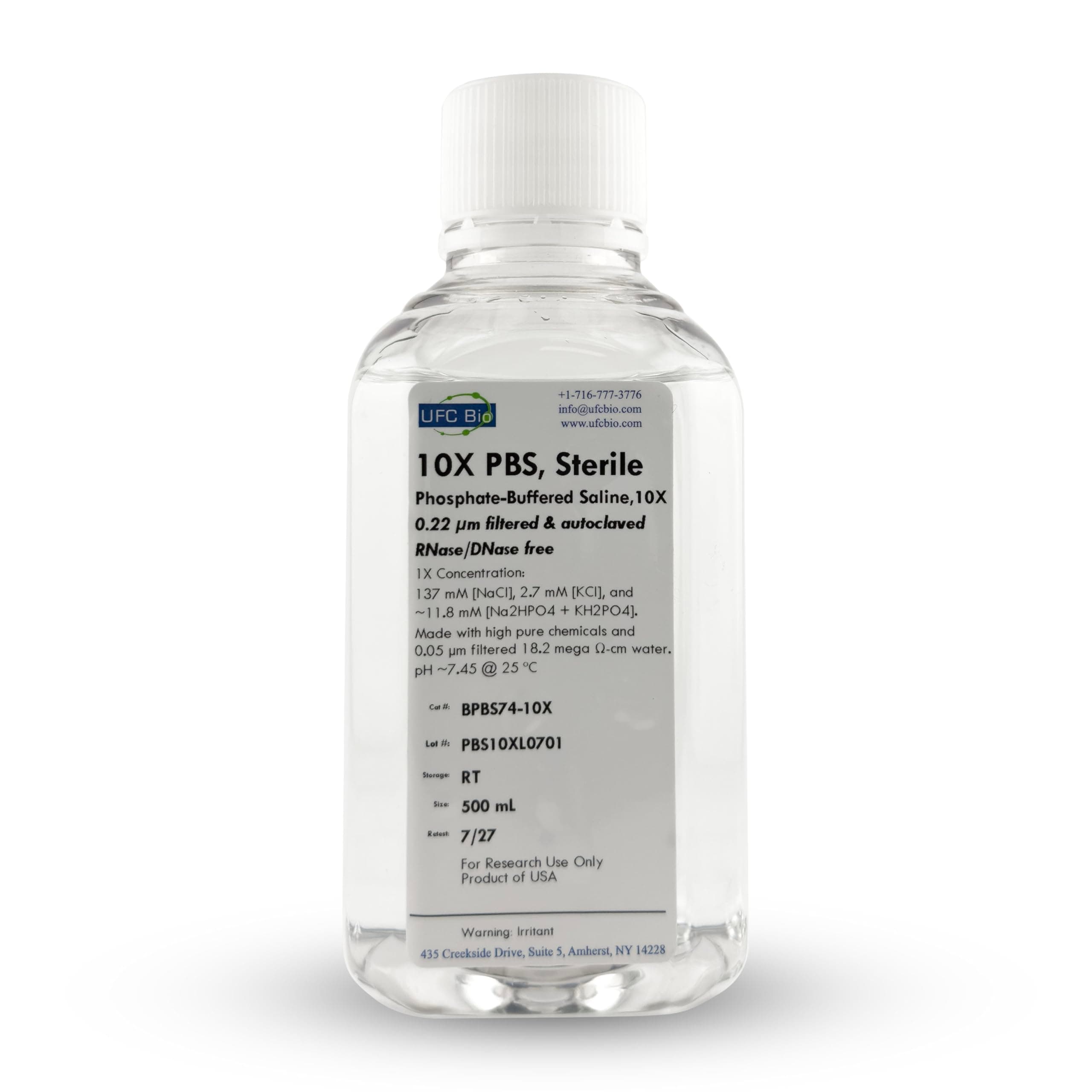 10X PBS (Phosphate Buffered Saline), pH 7.4 - Molecular Biology Grade - RNase/DNase Free, Sterile, 0.22um Filtered - 500 mL