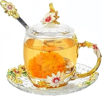 Flower Tea Cups Christmas Birthday Gift for Women Mom Sister Friend Glass Coffee Mug Teacups with Saucer Lid Spoon Vintage Wedding Cup(11oz Daisy)