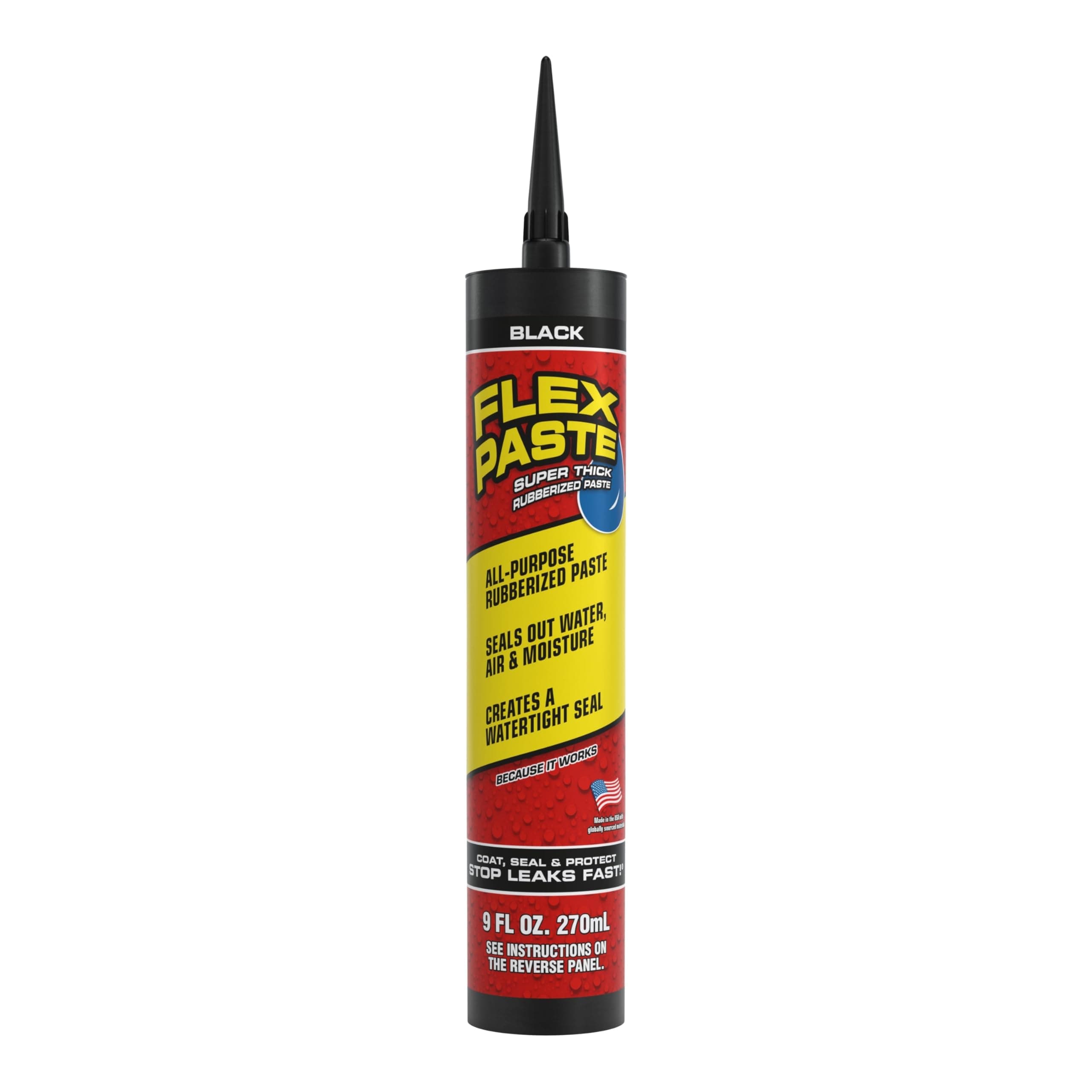 Flex Paste, Waterproof Paintable Putty, Spackle Sealant, Fill Gaps Cracks Holes - Block Out Water and Air - UV Resistant - Walls, Drywall, EPDM, Concrete, Roof, RV Repairs, Black, Cartridge