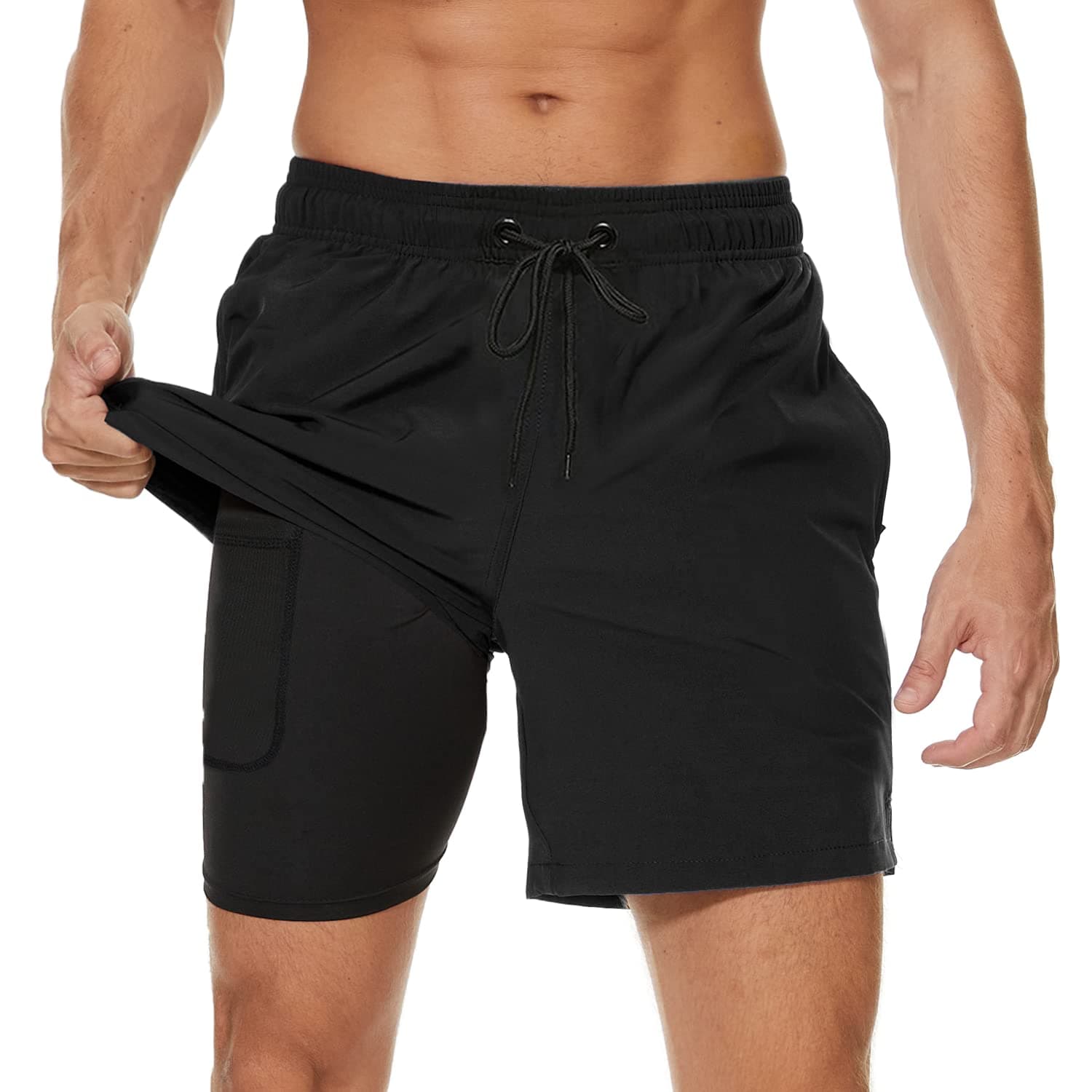 - Mens Swim Trunks with Compression Liner 2 in 1 Beach Swimming Trunks Quick Dry Swim Shorts with Zipper Pockets
