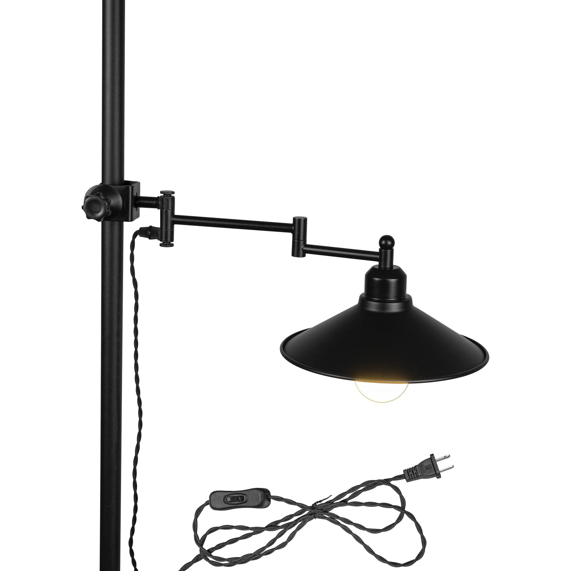 Mounted On Support Rod Indirect Lighting Plug in Twisted Cord Angle-Adjustable Black Metal Shade Stand Light Modern Design for Reading Rental House(No Bulb)