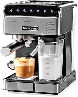 Wonderchef Regenta Automatic Coffee Maker, 20-bar with Auto-Frother, Make Espressos, Cappuccinos & Lattes at Home, With Steamer, Metal Porta Filter, Temperature Dial, 2 Years Warranty