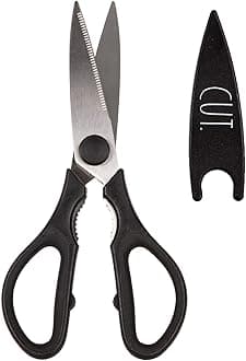Rae Dunn Kitchen Scissors - Stainless Steel Kitchen Scissors with Meat, Chicken, Herbs and Knife Cover and Soft Handle (Black) Cooking Scissors for Cutting Blades (Black)