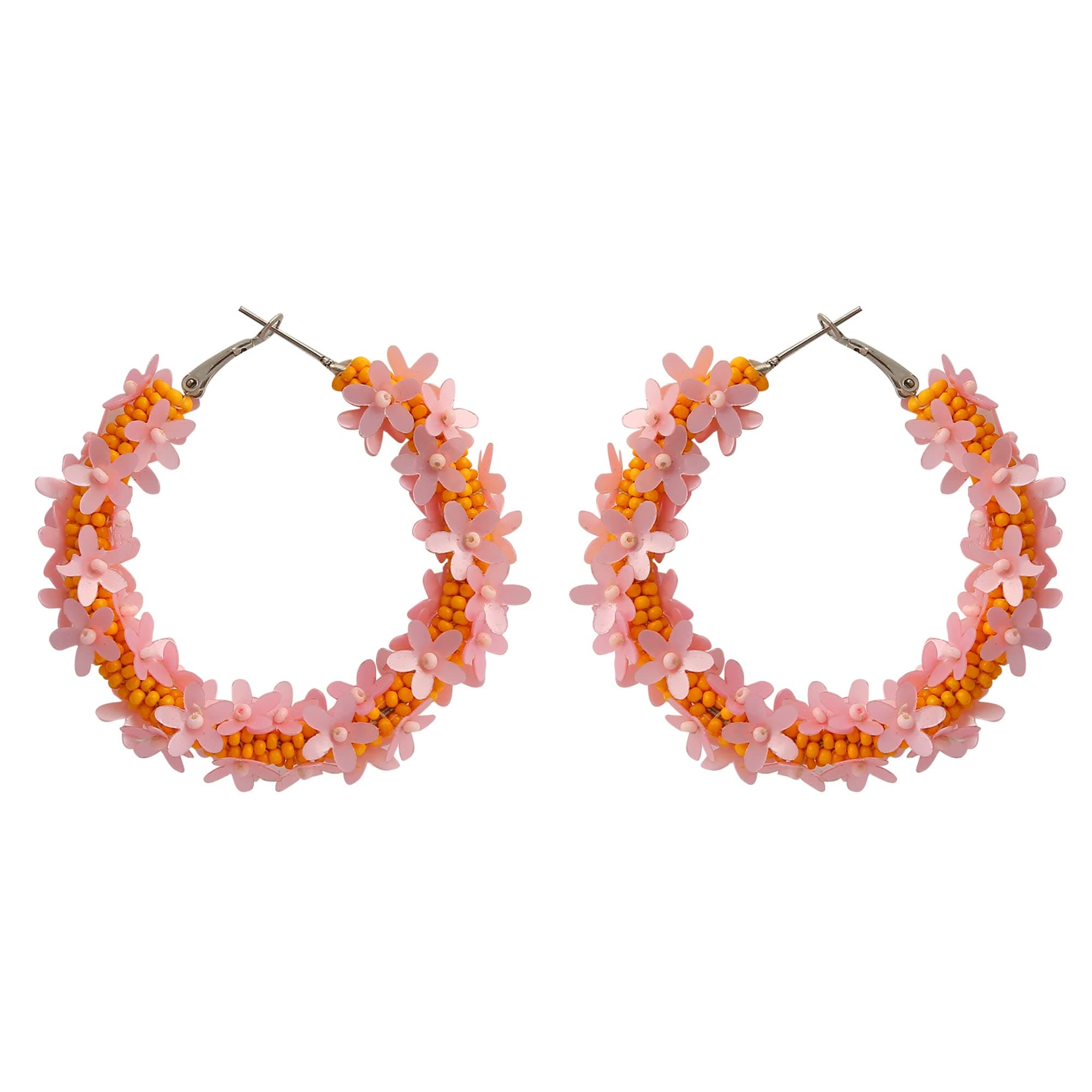 Beaded Hoop Earrings Beaded Boho Beach Style Seed Bead Hoops Handmade Jewelry (Orange and Pink) Bohemian Earrings Hoops Seed Bead Hoop Earrings For Women