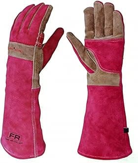 Cowhide BBQ Welding Gloves, Long Sleeve Fireproof and Heat Resistant Mitts for Barbecue, Firefighting, Fireplace, Oven, Baking, Stove (Rose Red, Small)