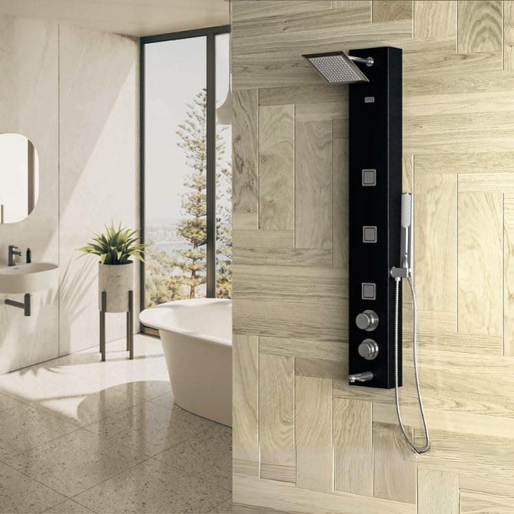 JAAZ | Ariel - Black Shower Panel for Bathroom | 8-Inch Rainfall Shower Head with 3 Adjustable Massage Jets | Coin Aerator | ABS Spout