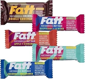NEW SELECTION - Fatt Keto Snack Bars Variety Pack - 5 Products - 5 Flavours - 2-4g Carbs - 100% Natural Snacks - Low Carb, Low Sugar, High Prebiotic Fibre, Sweetener Free - FattBar