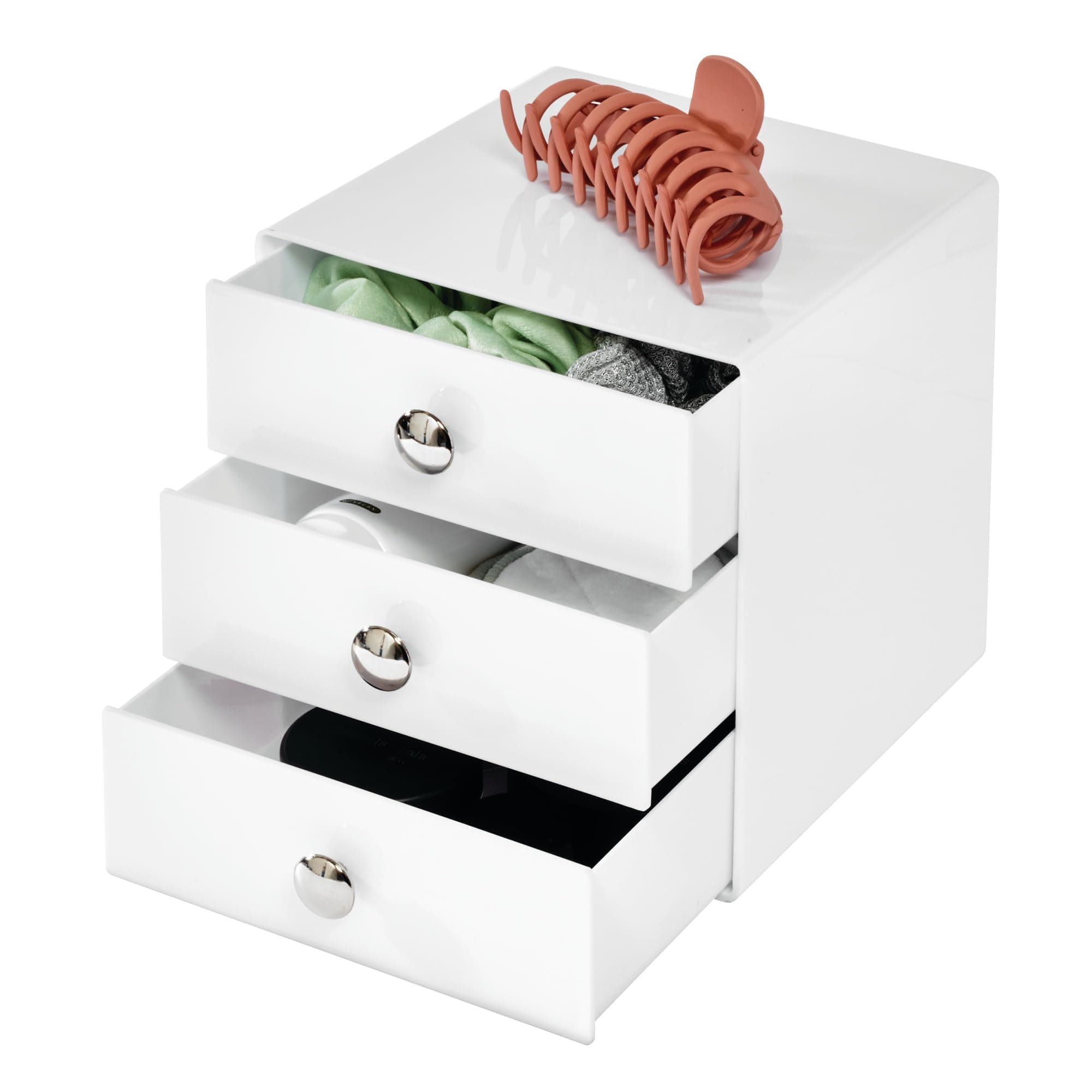 iDesign 3-Drawer Plastic Vanity Organizer, Compact Storage Organization Drawers Set for Cosmetics, Dental Supplies, Hair Care, Bathroom, Dorm, Desk, Countertop, Office, 6.5" x 6.5" x 6.5", White