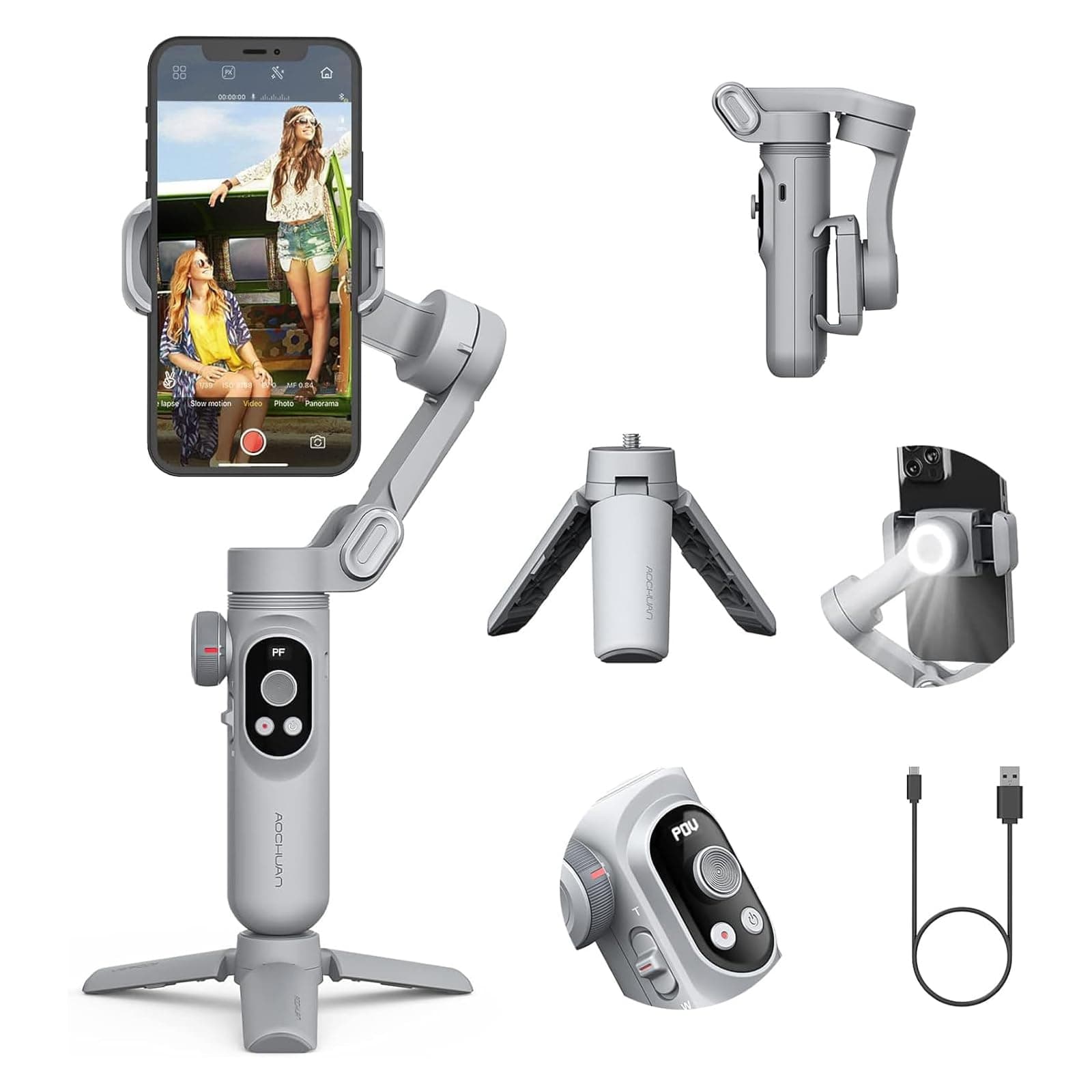 Professional Gimbal Stabilizer for Smartphone w/Wireless Charging OLED Display LED Light Focus Wheel, 3-Axis Phone Gimbal Stabilizer for iPhone16 15 14 13 Pro/Max/Xs Galaxy S23-AOCHUAN SMART X Pro