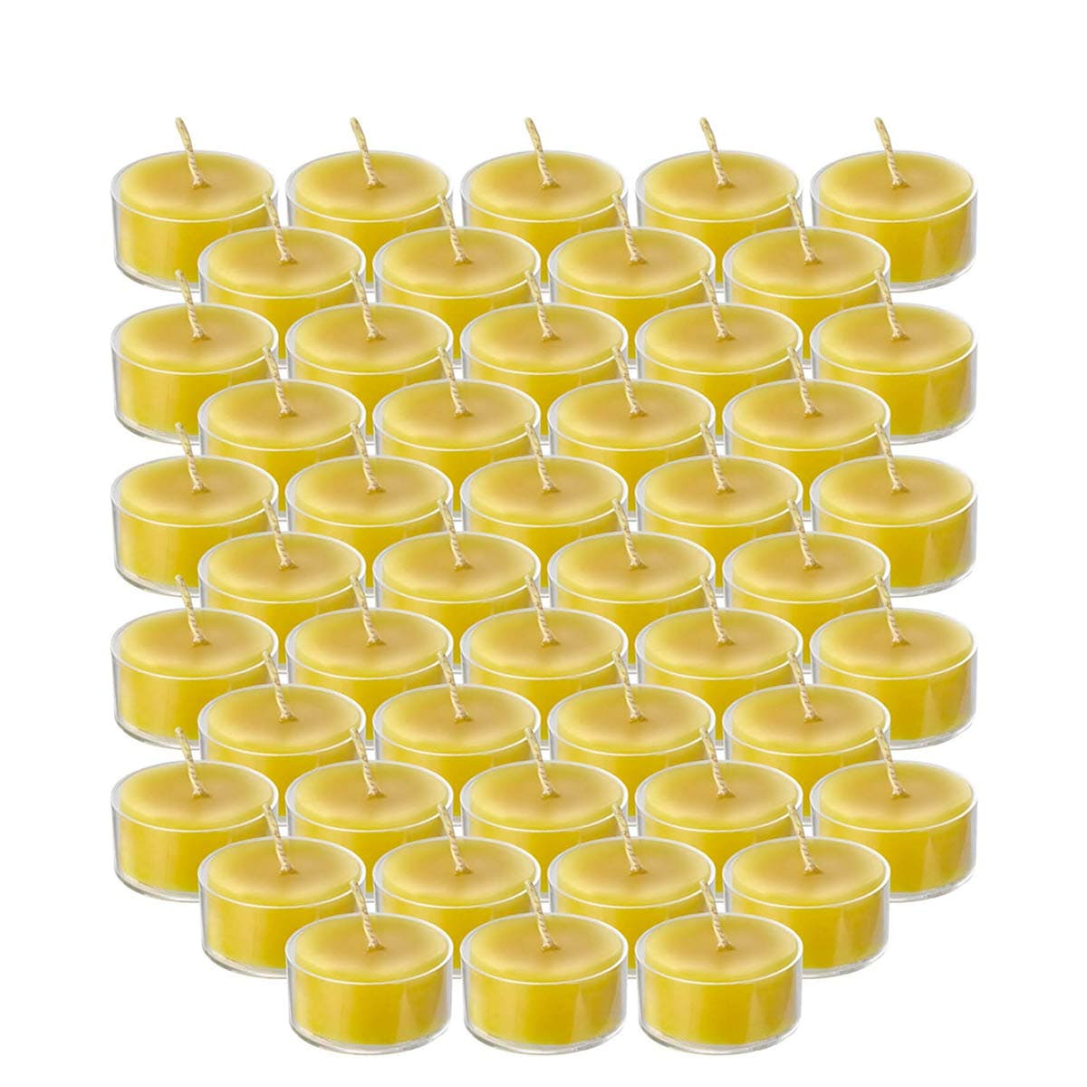 ELITE SELECTION Clear Cup Yellow Tea Light Candles Bulk Candles Pack of 48 - Pure Refined Bees Wax for Smokeless Burning - 4.5 Hour Long Burning Tealight Votive Candles - for Holiday, Home Decoration