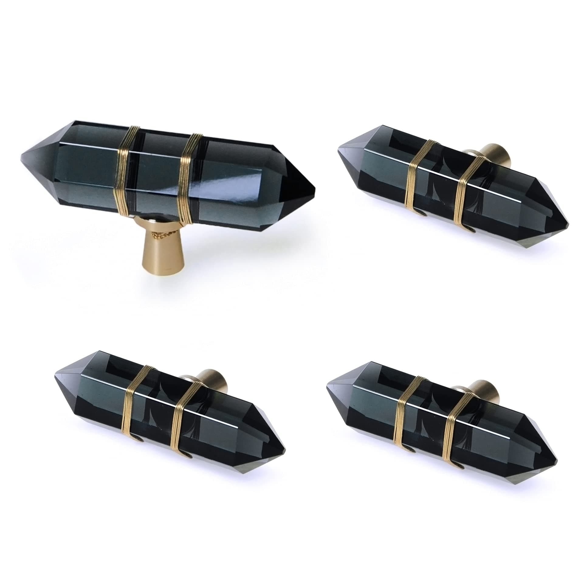 4 Pack Hexagonal Crystal Knobs Wire Wrapped Glass Brass Drawer Pull Cabinet Handle Gold Furniture Hardware for Dresser Kitchen (Black)