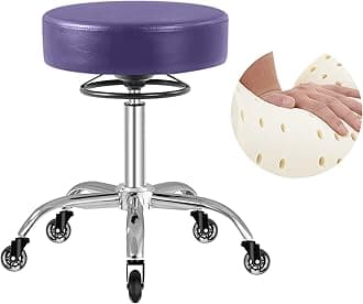 Mineloff Rolling Stool with Wheels 400lbs Weight Capacity,Heavy Duty Lash Chair Adjustable for Tatoo Lab Massage Salon Spa Drafting Nail Teach,360 Swivel,Leather,Thick Seat Padding (Purple)