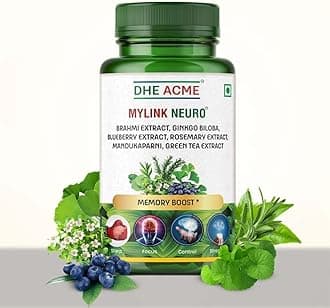 DHE-ACME™ MYLINK NEURO™ Memory Boost Tablets - Brain Support with Brahmi, Ginkgo Biloba, Blueberry, Rosemary, Mandukaparni & Green Tea - Focus, Clarity & Cognitive Function - 60 Capsules