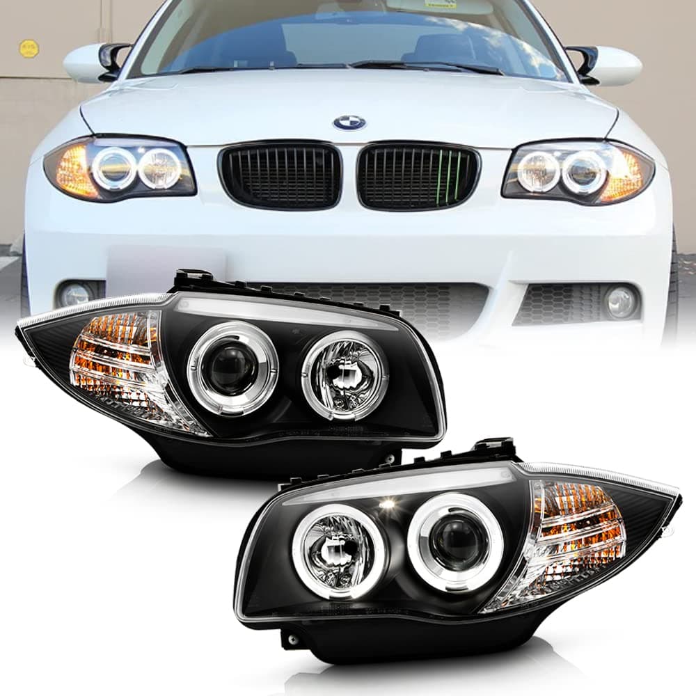 For [Halogen Model] 2008-2013 BMW E87 128i 135i Black Housing LED Halo Projector Headlights Headlamps Assembly