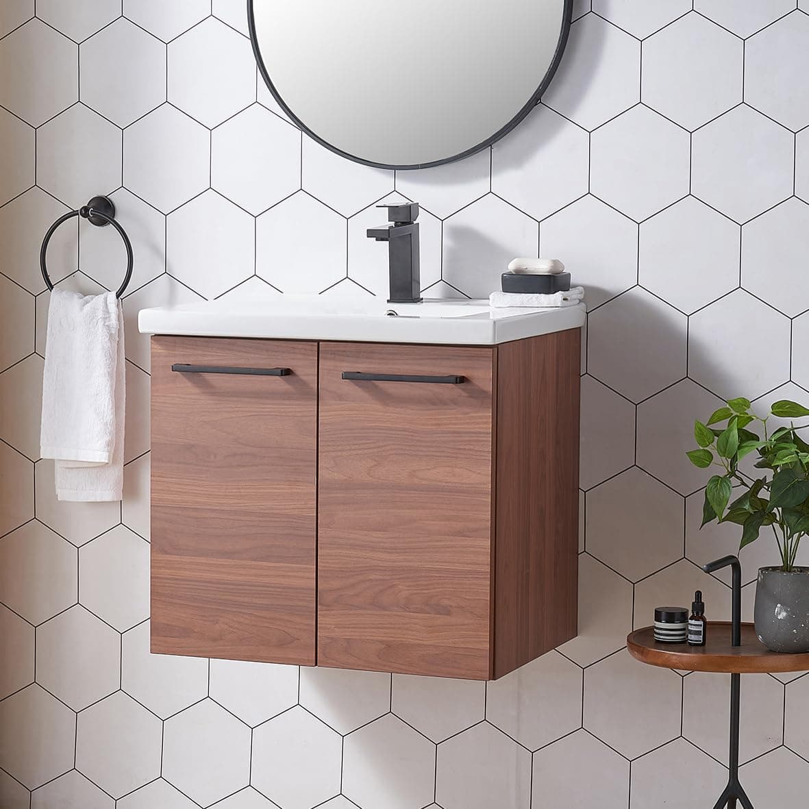 24 Inch Bathroom Vanity with Sink Combo, Wall Mounted Storage Cabinet Set with Two Doors, Modern Floating Bath Vanity with White Ceramic Basin Sink Top