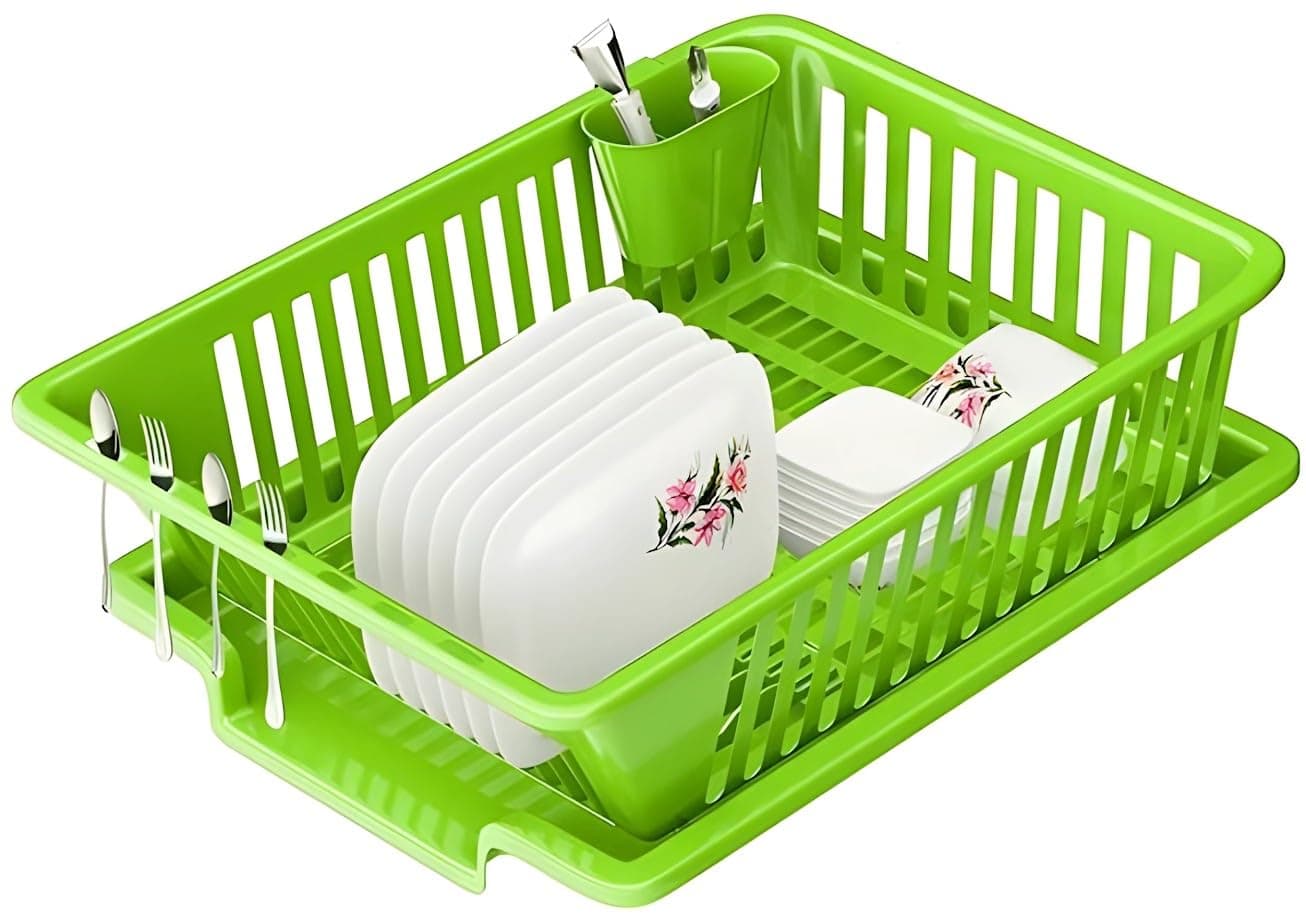 3 in 1 Large Glossy Plastic Durable, Lightweight & Unbreakable Modular Utensil Basket with Spoon Holder & Removable Dish Drainer Drying Rack for Kitchen Dish Rack Organizers (Green)