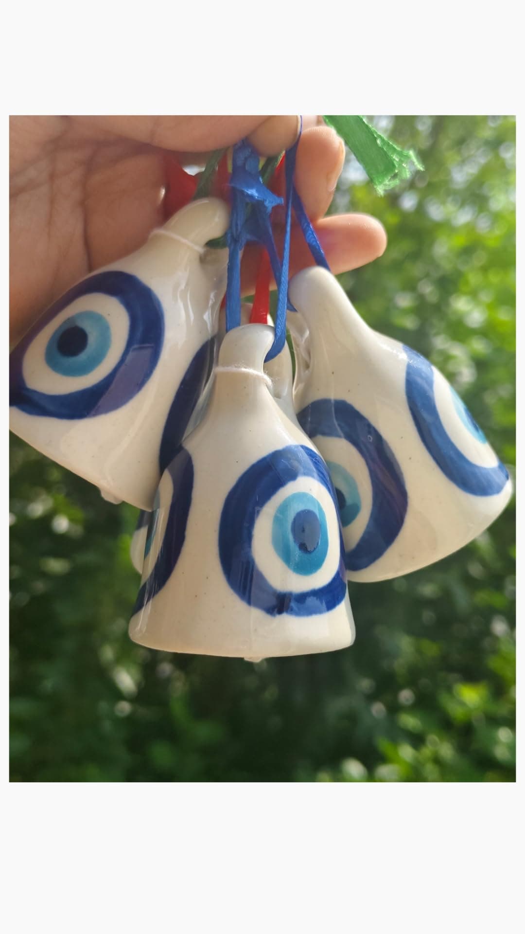 Ceramic Bell 2 Pieces (Height -3 Inches) Evil Eye Printed for Wall hangings, Wind chymes, Entry Gates, Home Decor, for puja, for Gardens.