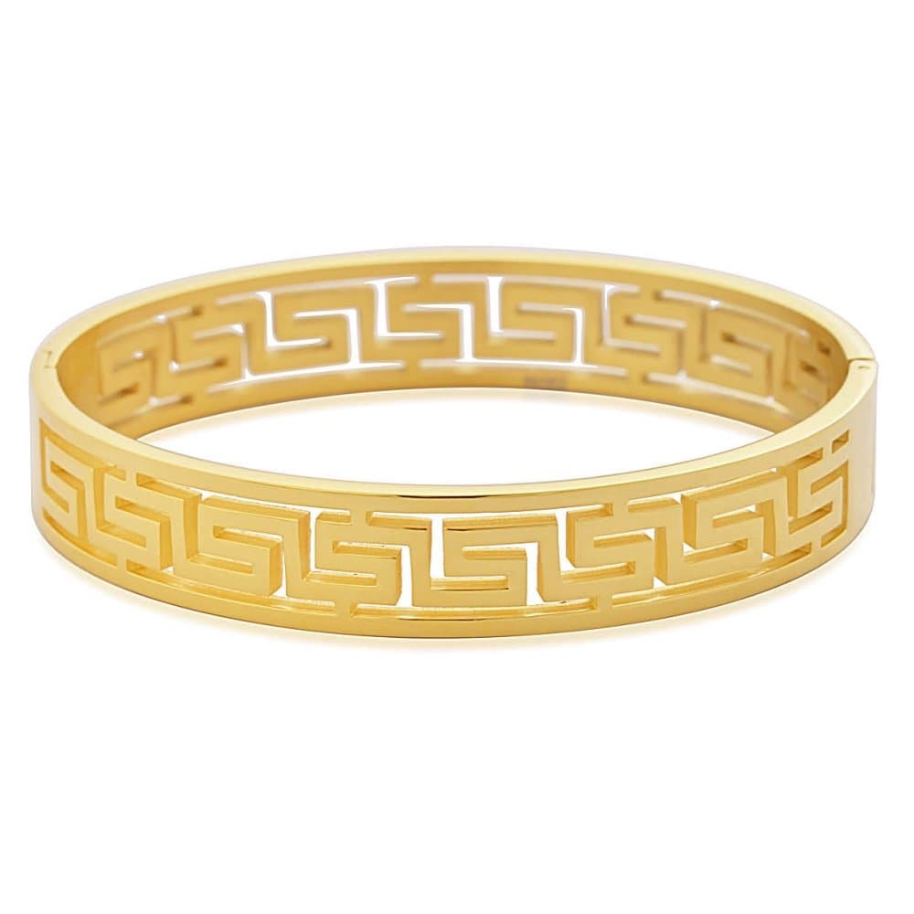 Edforce Stainless Steel Women's Greek Pattern Oval Cutout Hinged Bangle Bracelet (Gold)