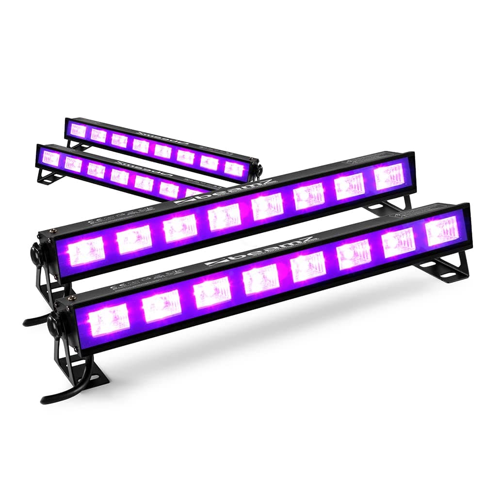 4X BeamZ BUV93 UV Light Bar Washers Party Set, Plug and Play UV LED Blacklight Bars, 8X 3W LEDs Per Bar, Parabolic Reflectors, Mounting Brackets, Glow Effect for Stage, DJ, Events, Clubs