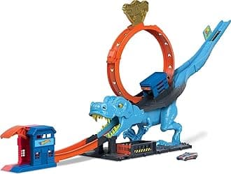 Hot Wheels Car Racing Track T-Rex Attack, Skill Game Through Accurate Timing and Aiming, with Looping Track, Car Toy, Toy from 4 Years, HNP77