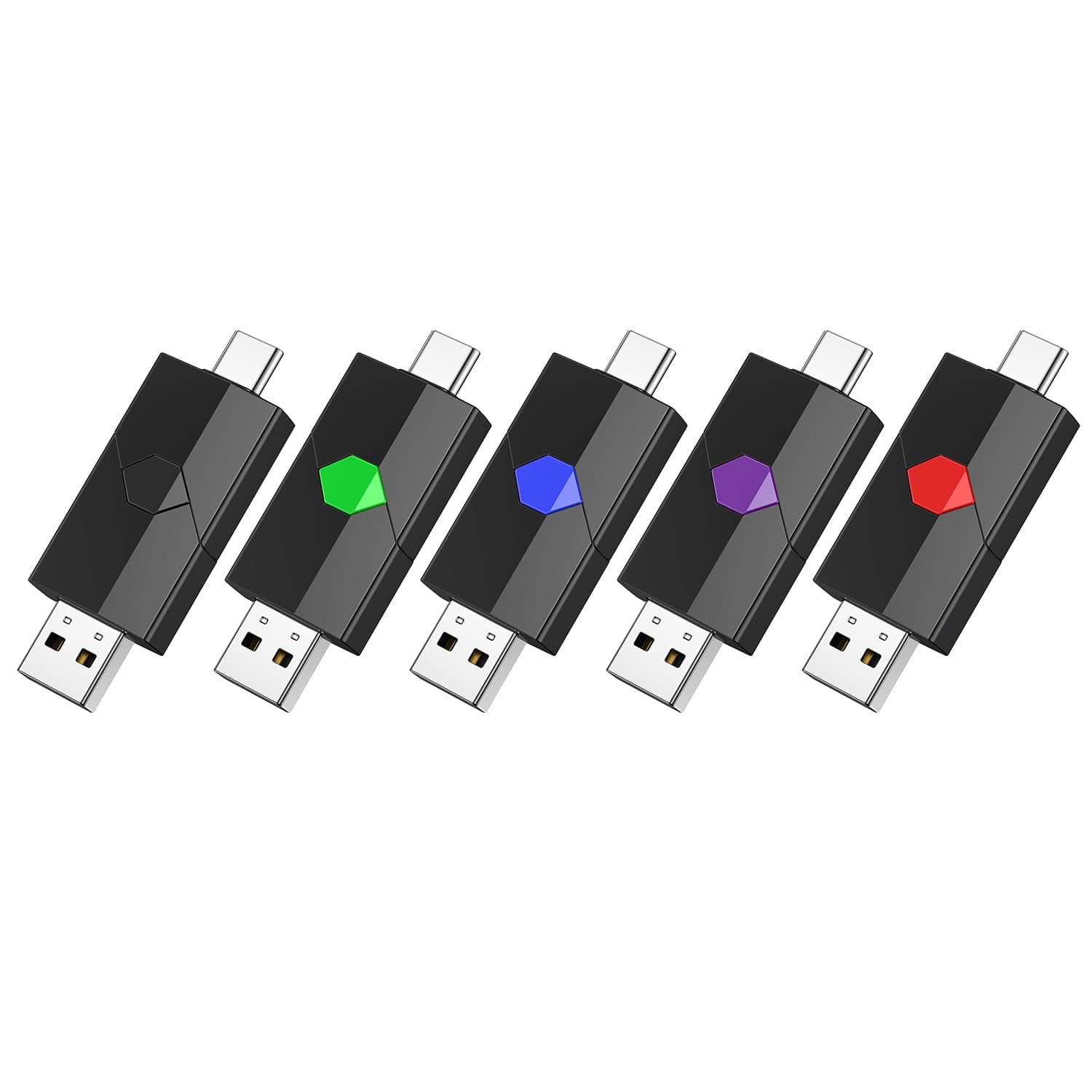 Aiibe 64GB USB C Flash Drive 5 Pack Type C + USB-A Dual Thumb Drive USB2.0 Memory Stick 64GB Flash Drives Push-Pull Portable Stick 64 GB (5 Pack, Black Green Red Blue Purple)