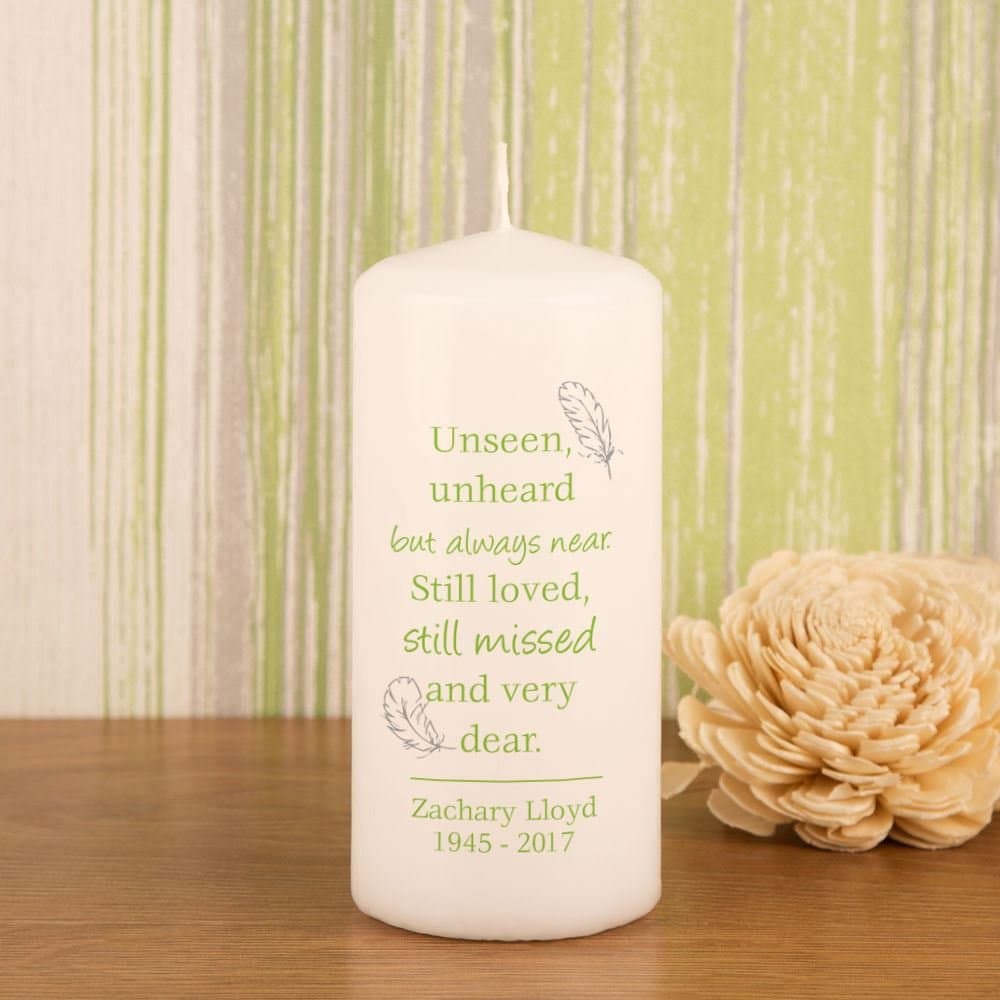 Customised Still Missed Feather Memorial Block Candle. Missing Loved One Gift