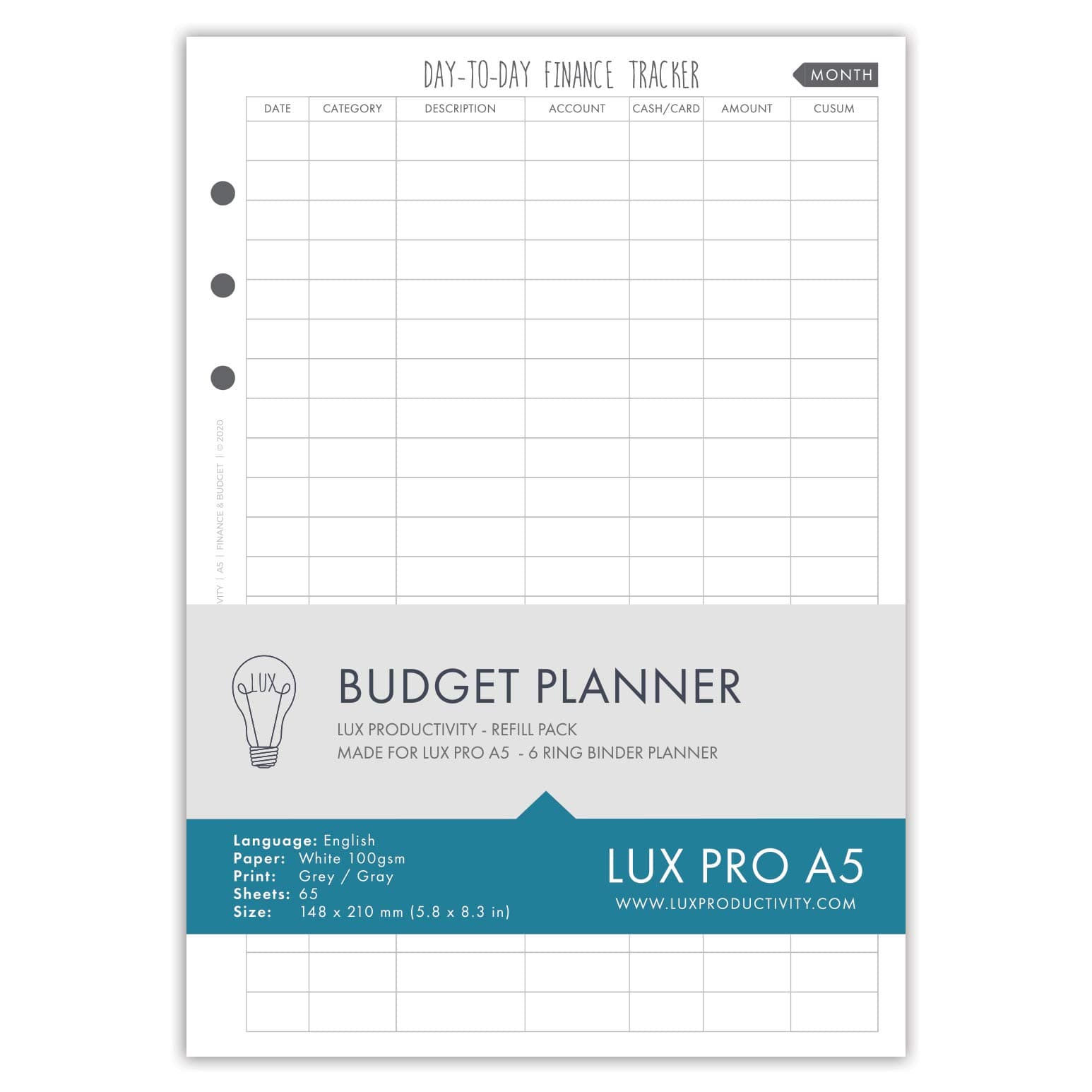 LUX PRO A5: Budget Planner - LUX Productivity Refill Pack - Planner Page Inserts - Compatible with The LUX PRO A5 6-Ring Binder Organizer