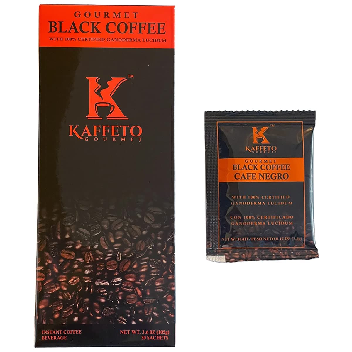 KAFFETO GOURMET Ganoderma Coffee Box - Black Organic Instant Coffee Packets that Helps in Boosting Immune System - 1 Box of 30 Sachets