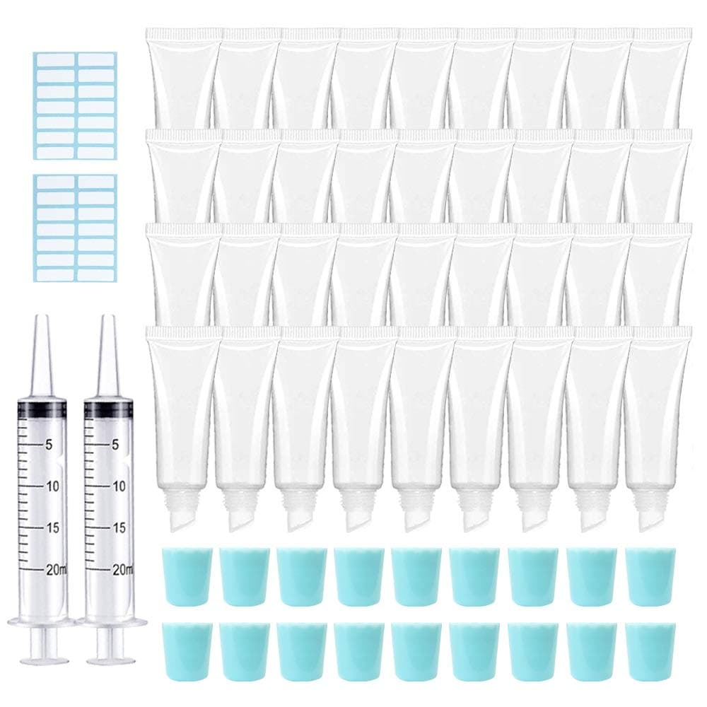 - AMORIX 50PCS 10ml Lip Gloss Tubes Clear Empty Lip Balm Containers with Blue Cap Refillable Soft Cosmetic Squeeze Tubes for Lip Gloss Base Glitter Pigment Powder 2 Syringes + Tag Labels Stickers