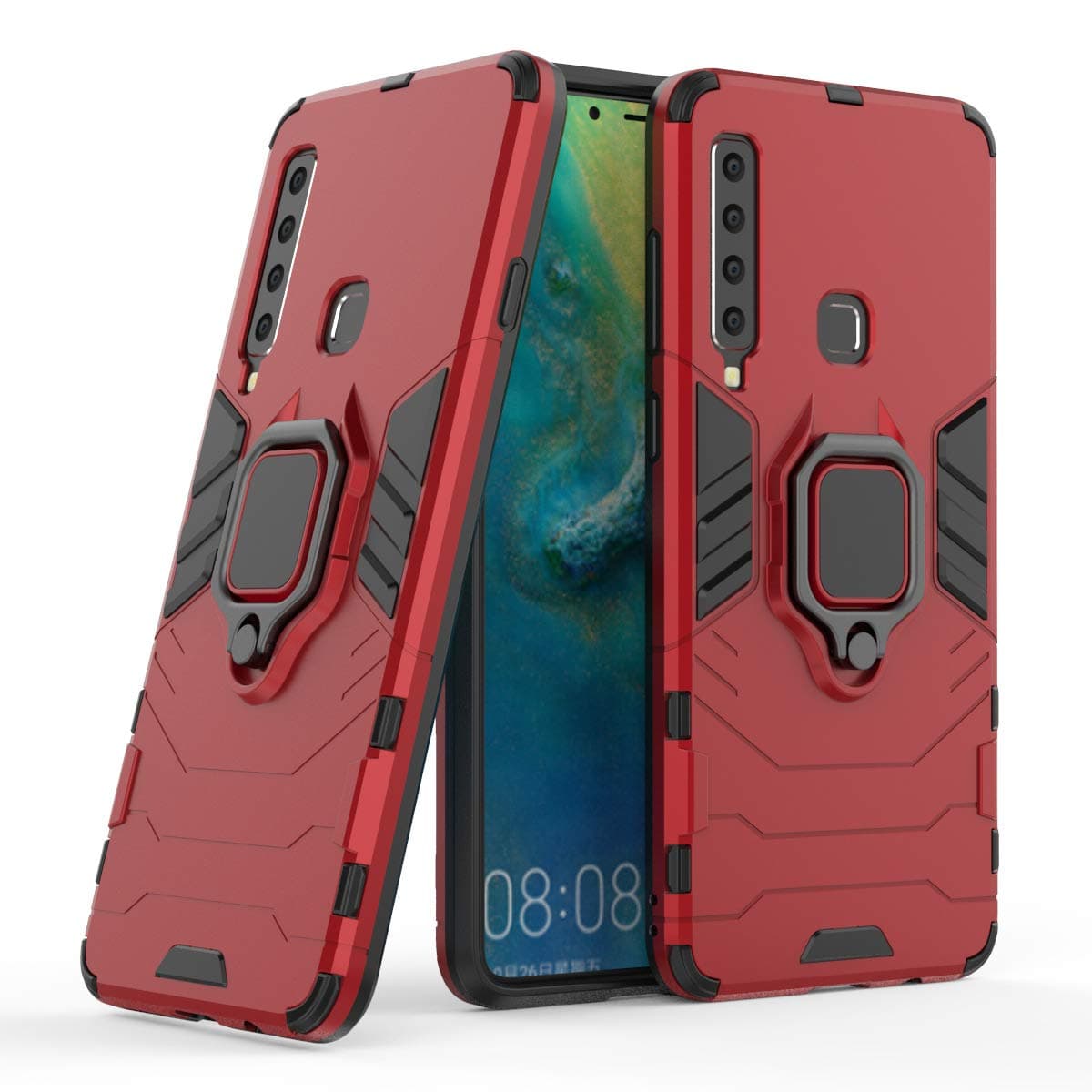 LuluMain Compatible with Galaxy A9 (2018) Case, Metal Ring Grip Kickstand Shockproof Hard Bumper Shell (Works with Magnetic Car Mount) Dual Layer Rugged Cover for Samsung Galaxy A9 2018 (Red)