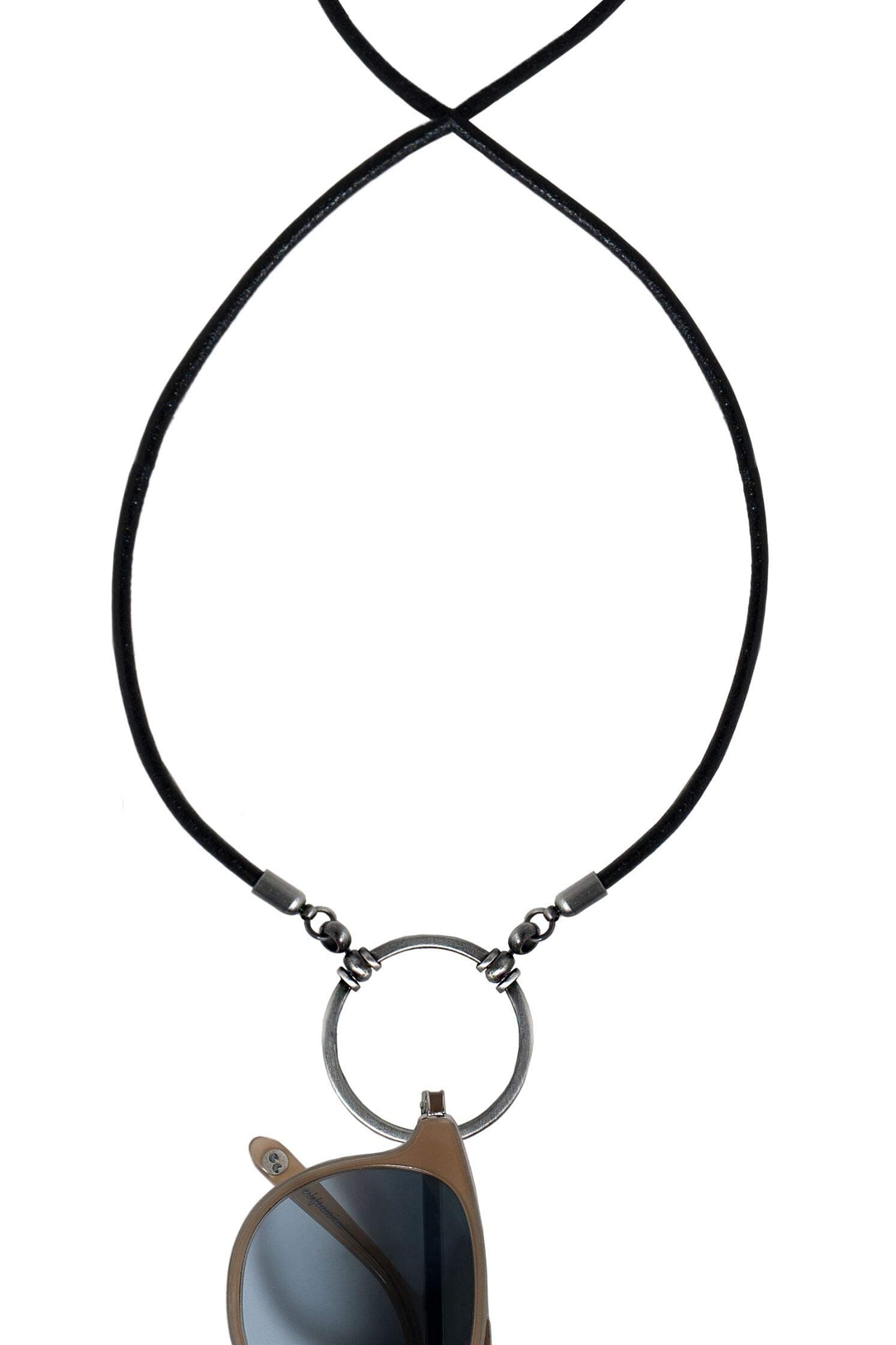 La LOOP Leather 577BL with 30mm Diameter Loop | Swivel Hinge Technology for 360 Degree Glasses Access | Uni Eyeglass Holder Made of Durable Leather Cord with Antique Silver Finish Loop, Black/Antique