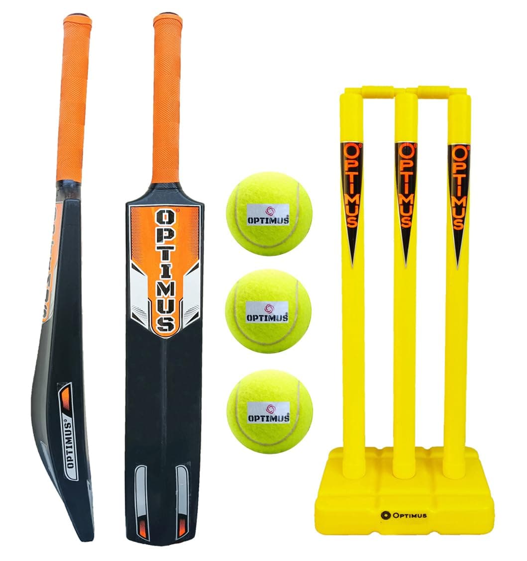 Optimus® Cricket Kit Combo Set - 1 Plastic Bat, 3 Cricket Tennis Ball, Plastic Stumps Set with Base Stand