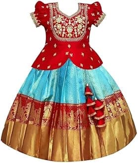 White Button Lehenga Choli Traditional South Indian Pattu Pavadai Girl Jecquard