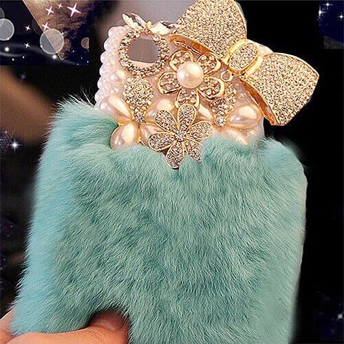 Bling Warm Luxury Rex Rabbit Fur Plastic iPhone Cases Cover For iPhone 6 Plus 5.5 inchs Pearl & Diamond Flower Light Blue
