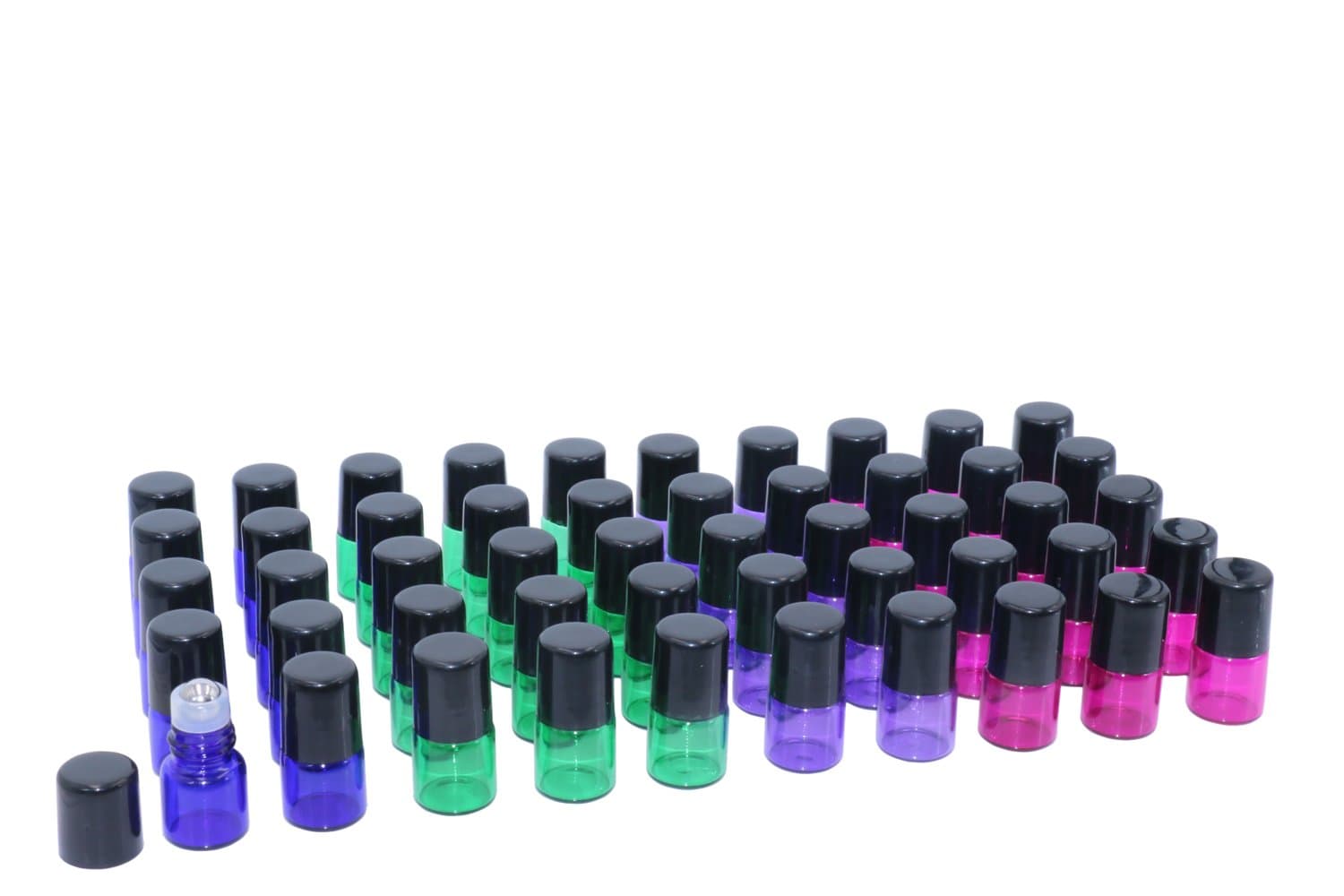 Multicolor Roller Bottles 50 Pcs 1ml Glass Roll on Bottles Essential Oils Bottles Perfume Sample Metal Rollerball Vials Bottles,With Bottle Opener and 2 pcs droppers