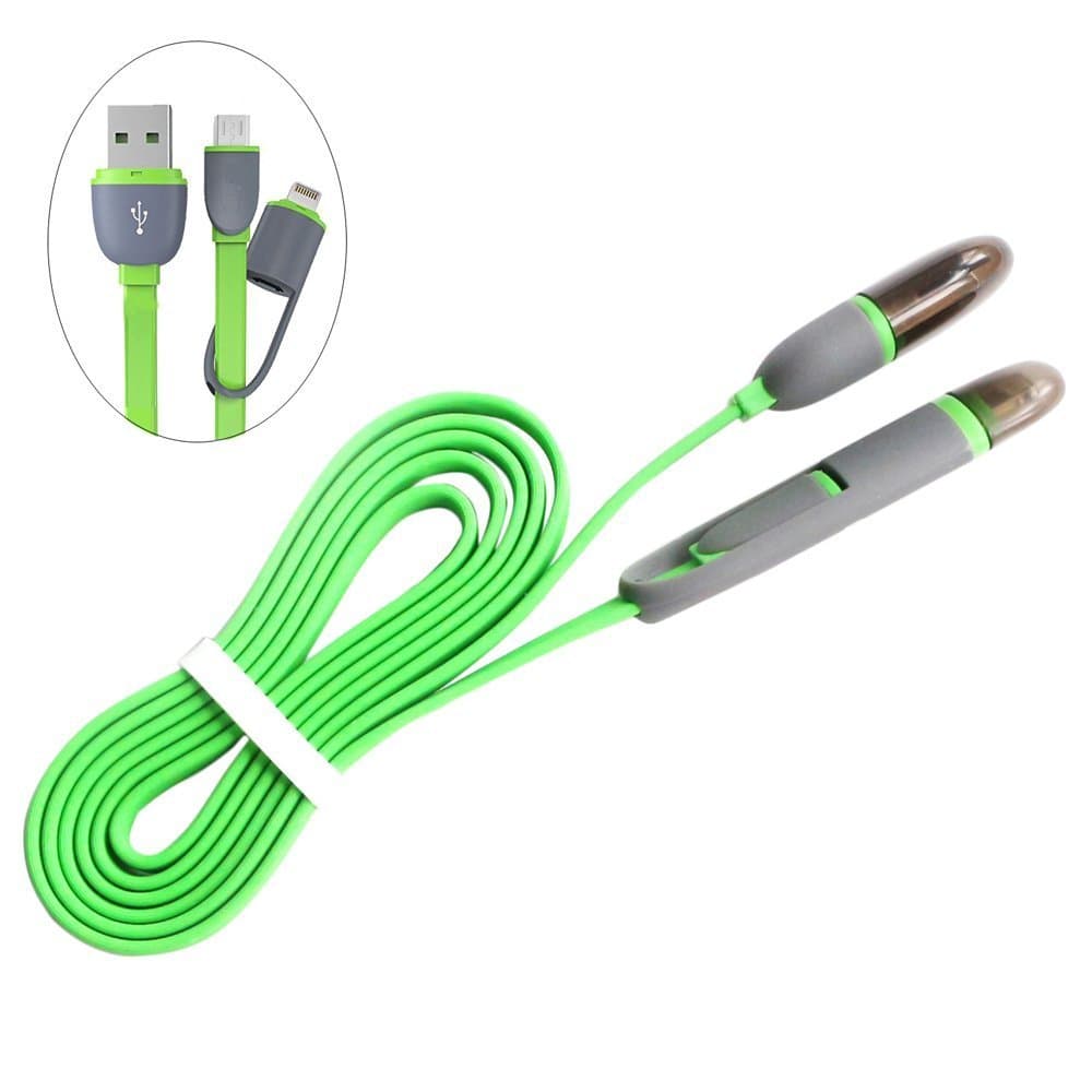 Duo 2 in 1 Dual Universal 8 Pin Lightning + Micro USB Flat Charging Cable Sync and Charger for Apple Iphone 6,iphone 4/4s/5/5s,Samsung Galaxy S5 S4, Other Android Smartphones (Green)