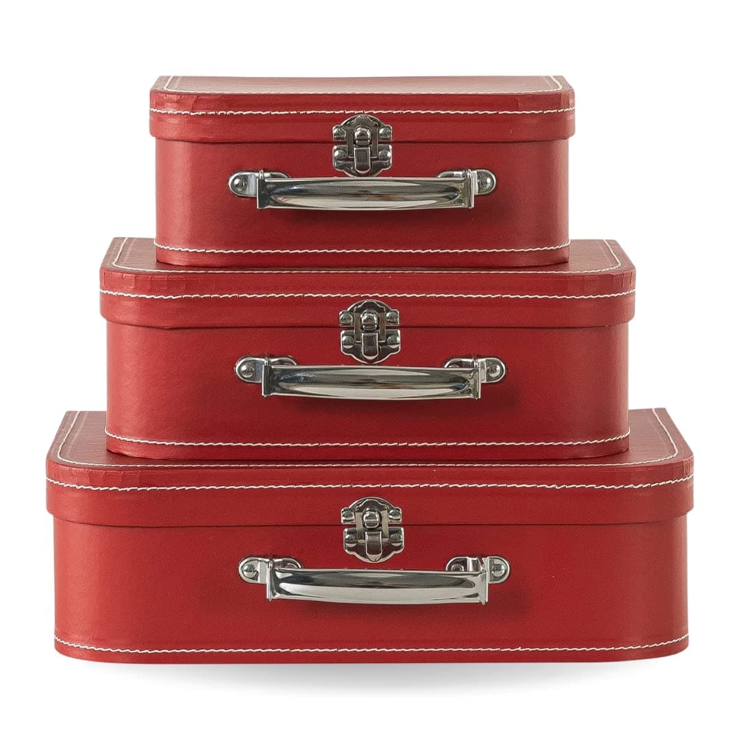 Decorative Suitcase Storage Boxes with Handle, Set of 3 Cardboard Suitcase Boxes with Lids, Red Vintage Luggage Prop Travel Decor for Home, Travel Themed Party Decorations
