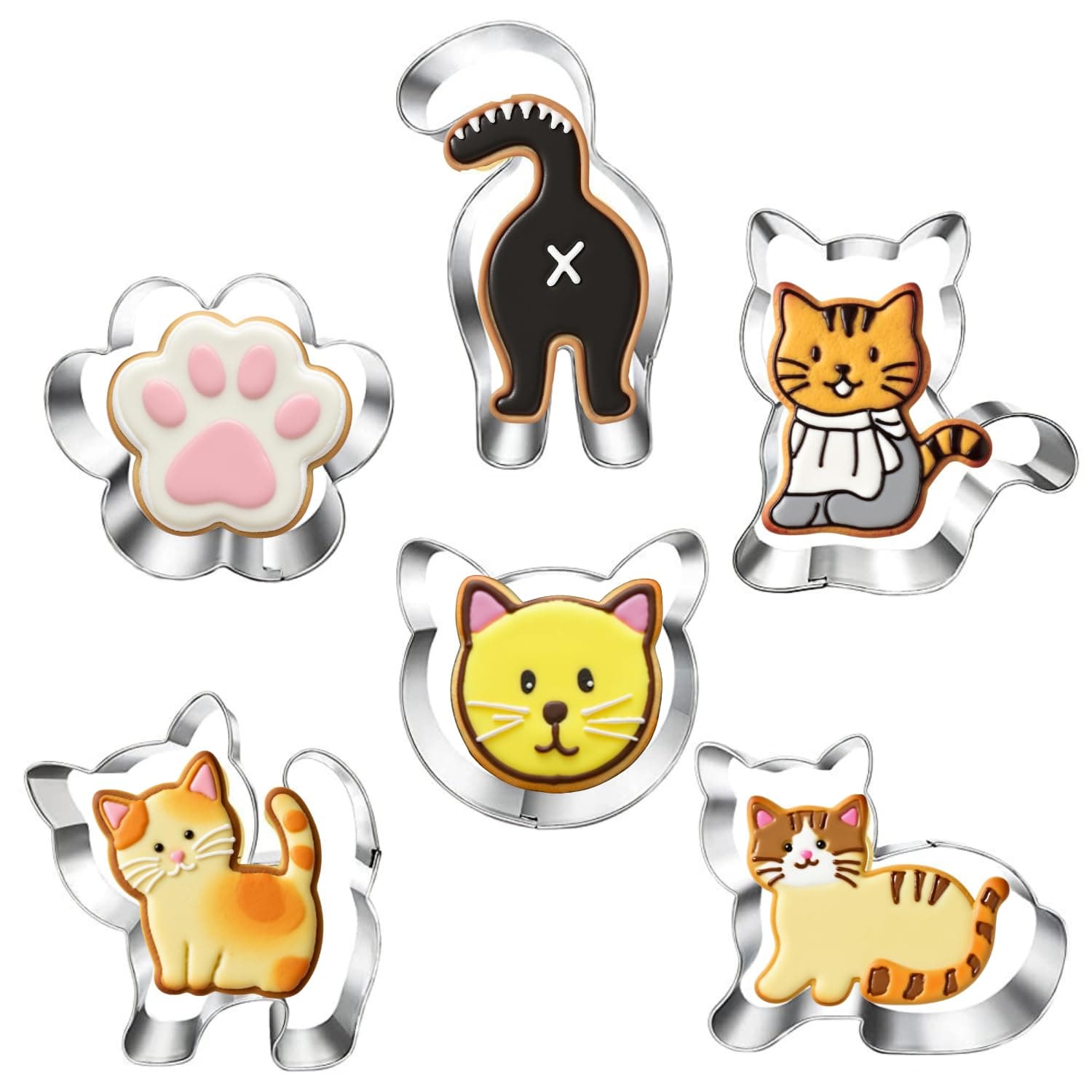 Kitty Cat Cookie Cutter Set-6 Piece-Cat Face, Kitty Butt, Paw and 3 Cute Shapes Molds for Cat Themed Party