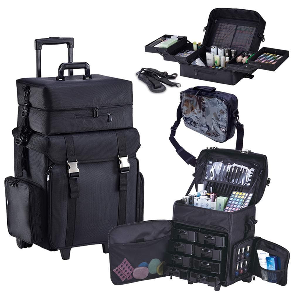 KIOTA 2 In 1 Make Up Rolling Case | Trolling Cosmetic Organizer with Removable Drawers | Professional Makeup Train Cases On Wheels (Black Canvas)