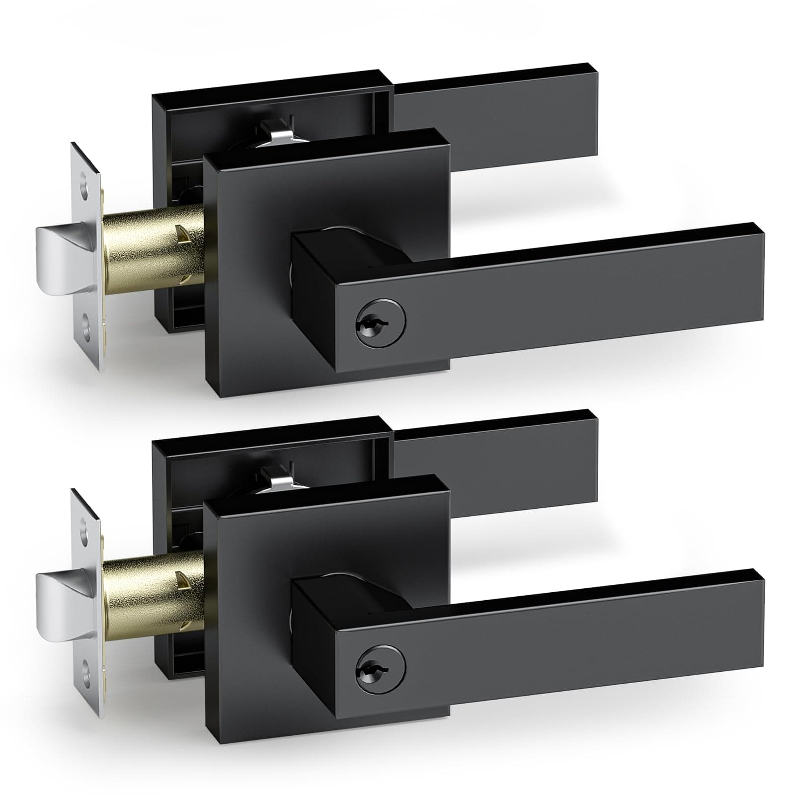 AceMining 2 Pack Keyed Entry Square Black Door Handle Lever Set, Interior and Exterior Door Handles, Complete Exterior Door Lock Set with Deadbolt,‎ Stainless Steel, Black