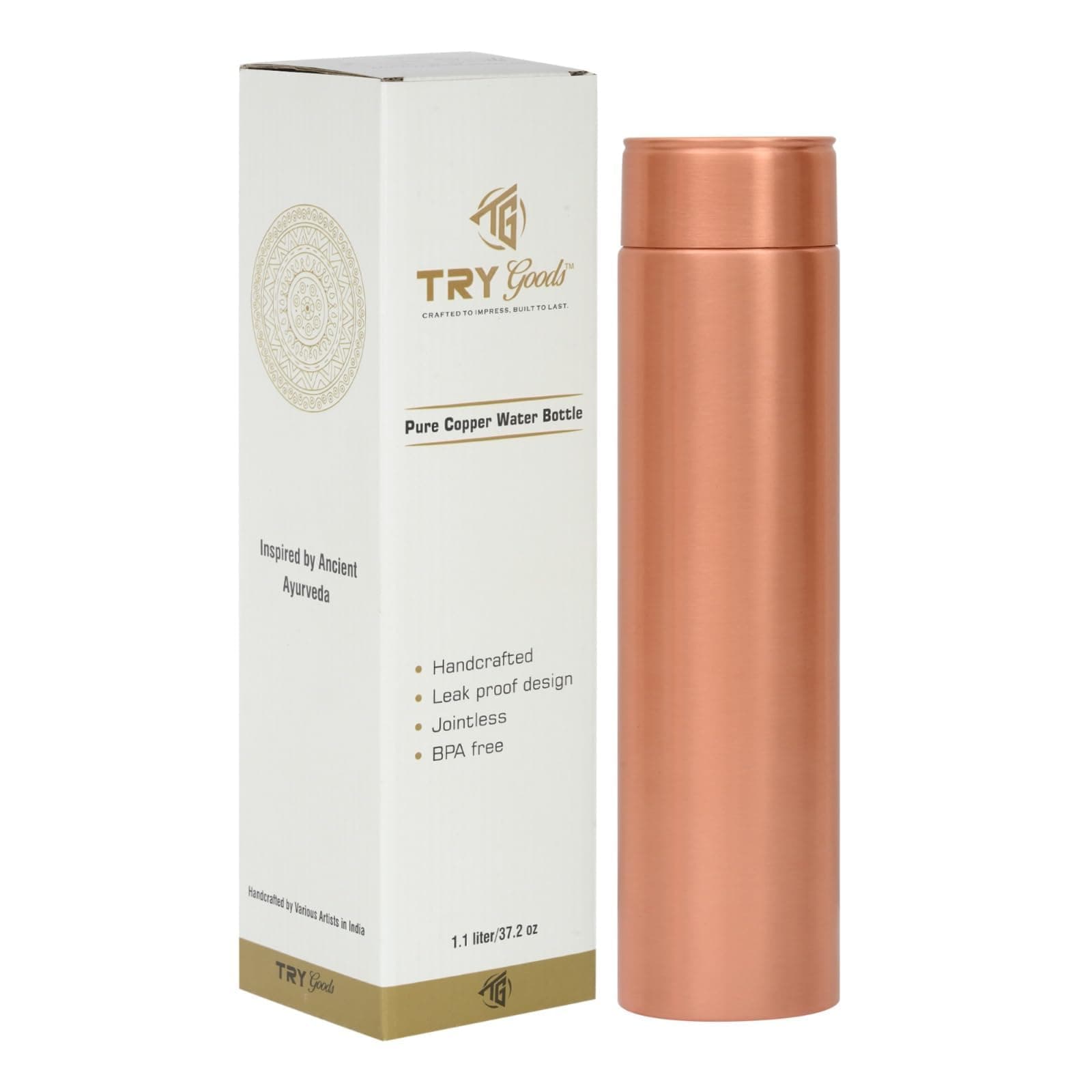 Copper Water Bottle 37.2 OZ/1.1 L Capacity Handmade Pure Copper Bottle for Drinking Plain Design with Healing Benefit Leak Proof Easy to Carry Ideal for Gym Hiking Sports & Office Use